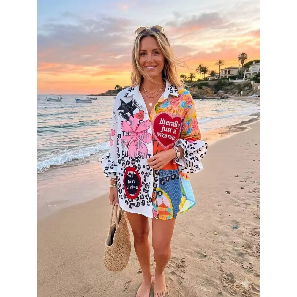 L707 Loowie Literally Just a Woman Heart Printed Ruffle Blouse One Size